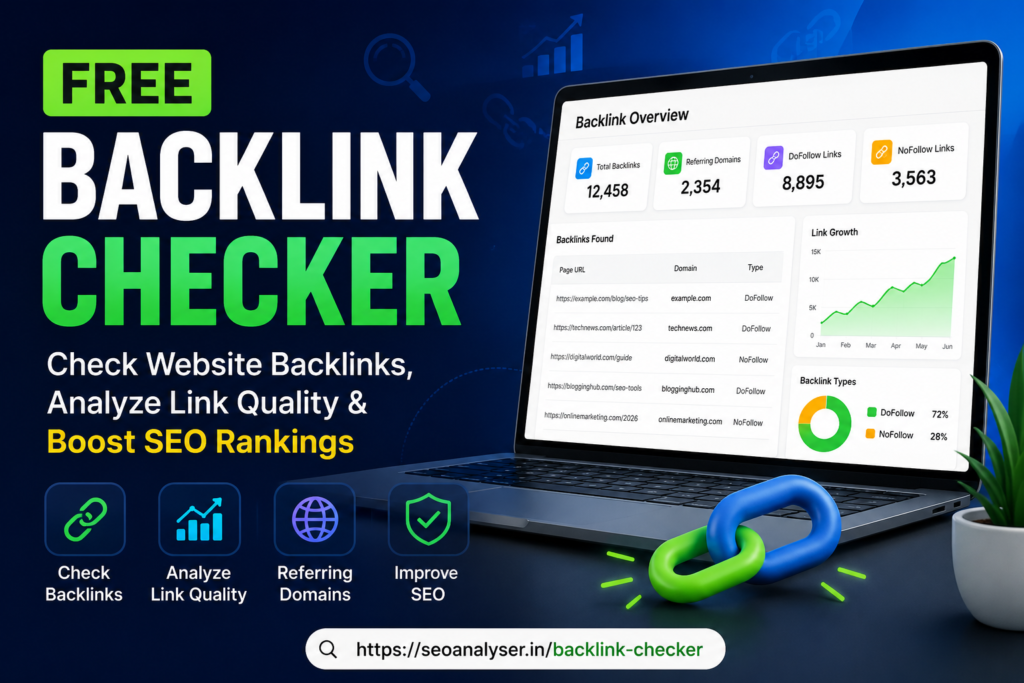 Free Backlink Checker: How to Check Website Backlinks and Improve SEO in 2026 Free Backlink Checker tool dashboard showing backlink analysis, referring domains, link quality metrics, and SEO ranking improvements